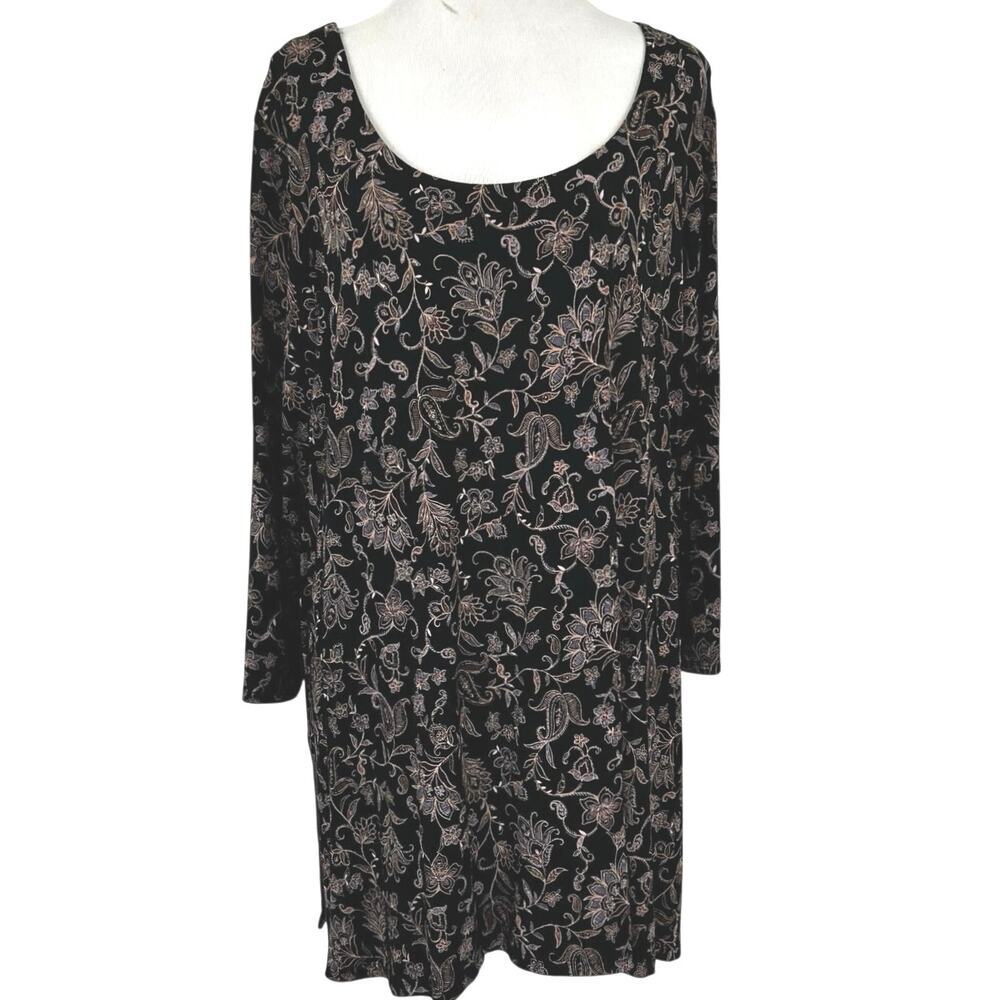 J Jill Floral Tunic Dress Black Long Sleeve Boho Stretch XL Womens
